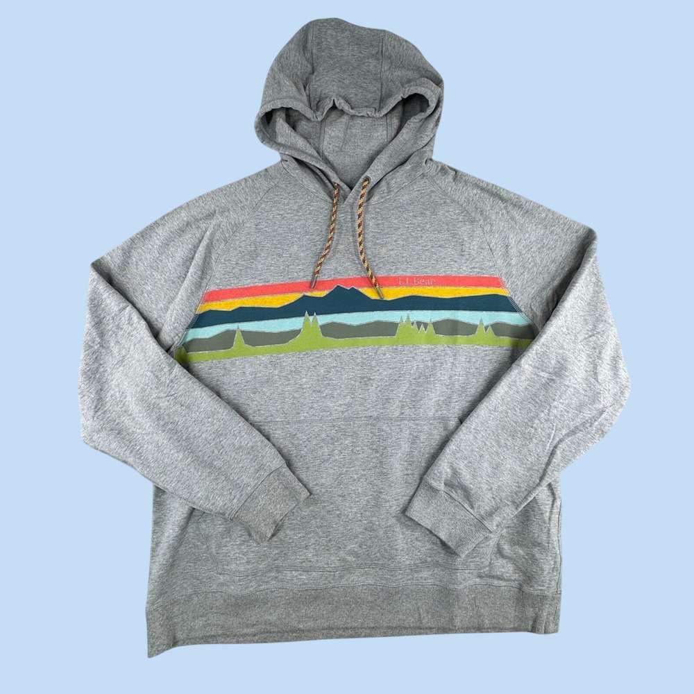 LL Bean Mens XXL Gray Mountain Graphic Pullover Hoodie Sweatshirt
